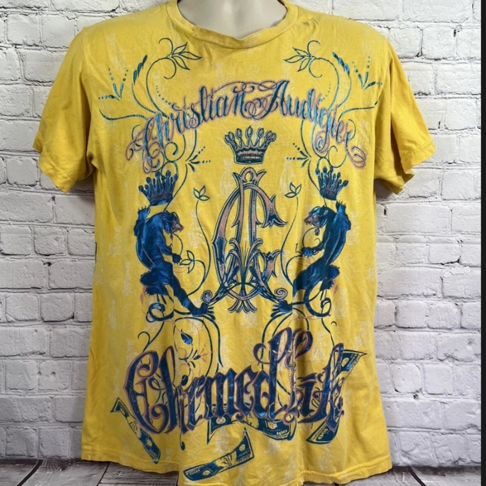 Vintage Ed Hardy by Christian Audigier Charmed Life T-Shirt Yellow Size L